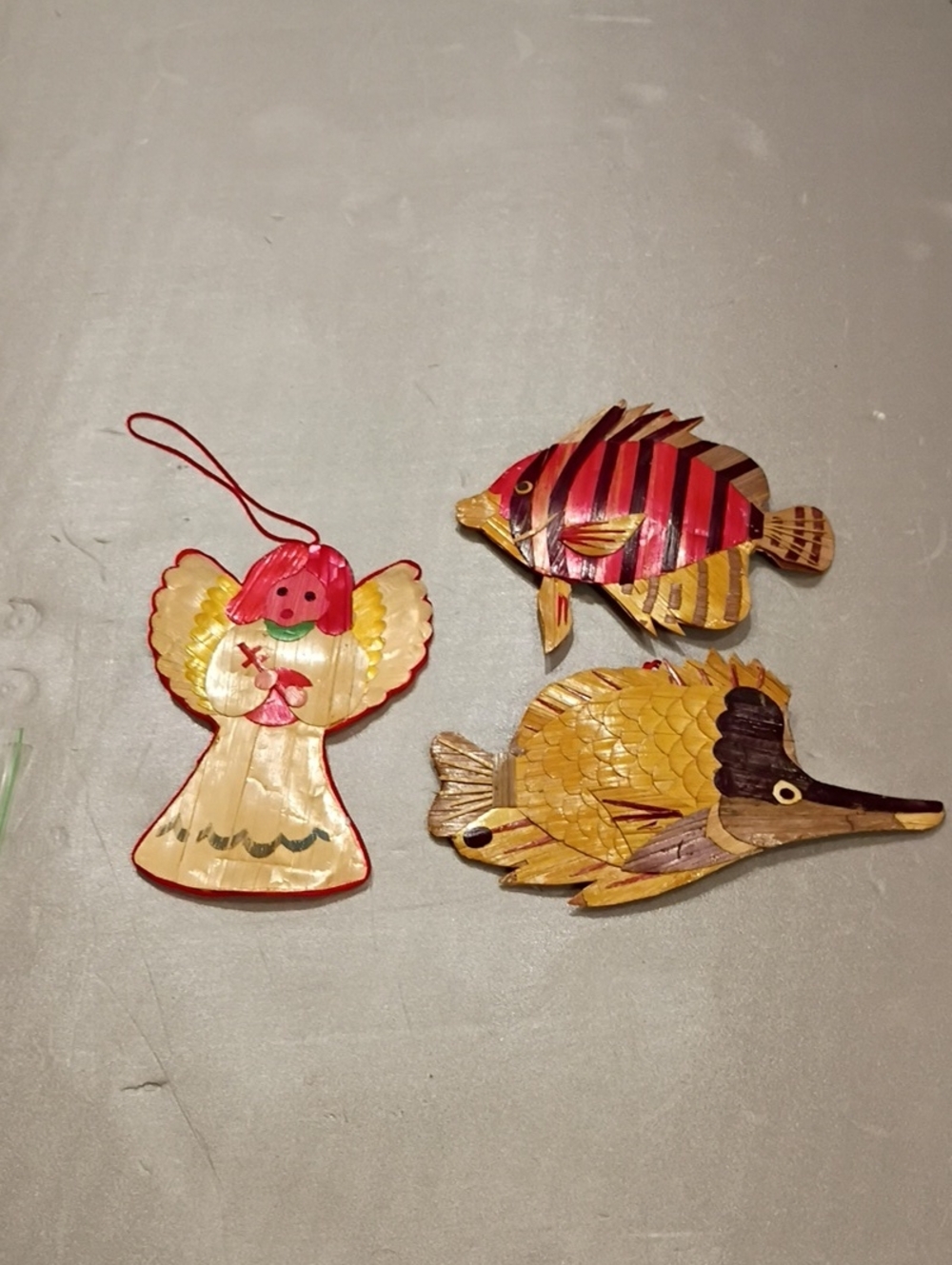 Vintage Christmas OrnamenWooden Fish and Angel - Red, Yellow, Natural